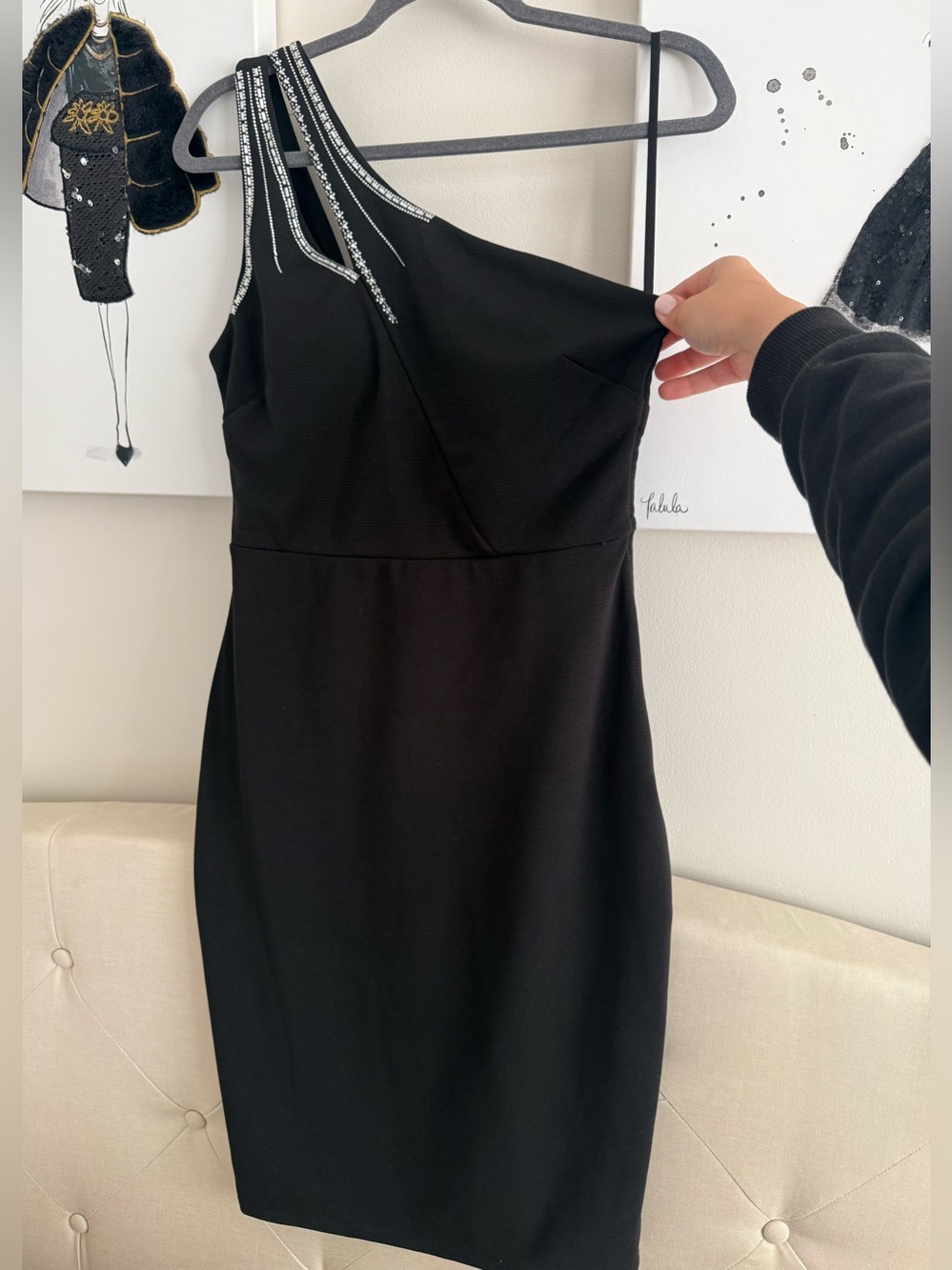 City Studio Black One-Shoulder Cocktail Dress with Crystal-Strap Detail